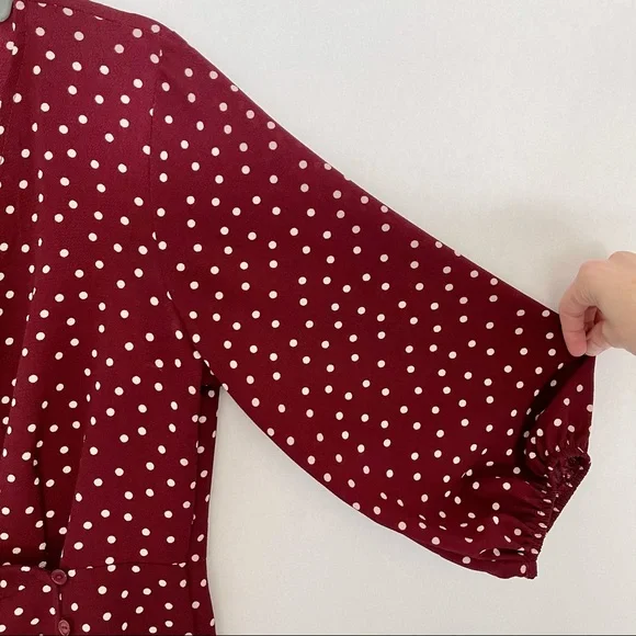 Bobeau Side Button Wrap Blouse Burgundy/Ivory Dot - Picture 4 of 14